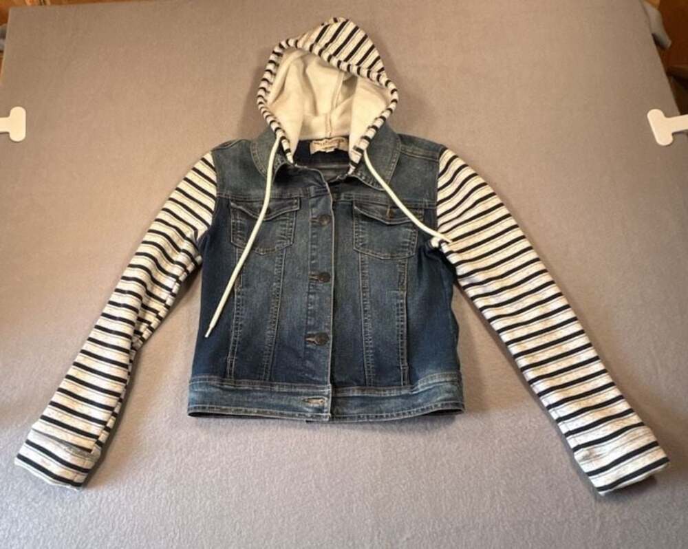 WallFlower Authentic Denim The Dreamer Fit Hooded Jean Jacket with Striped Sleev